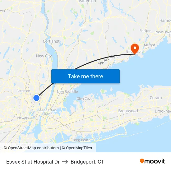 Essex St at Hospital Dr to Bridgeport, CT map