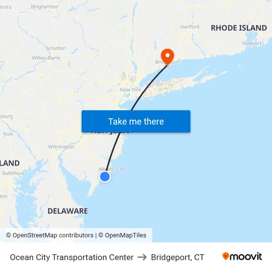 Ocean City Transportation Center to Bridgeport, CT map