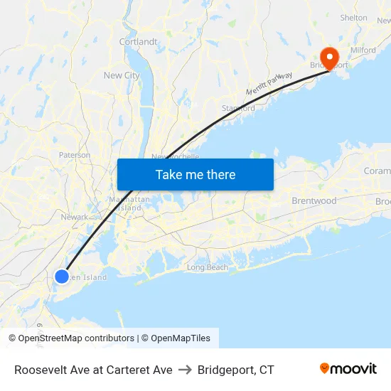 Roosevelt Ave at Carteret Ave to Bridgeport, CT map