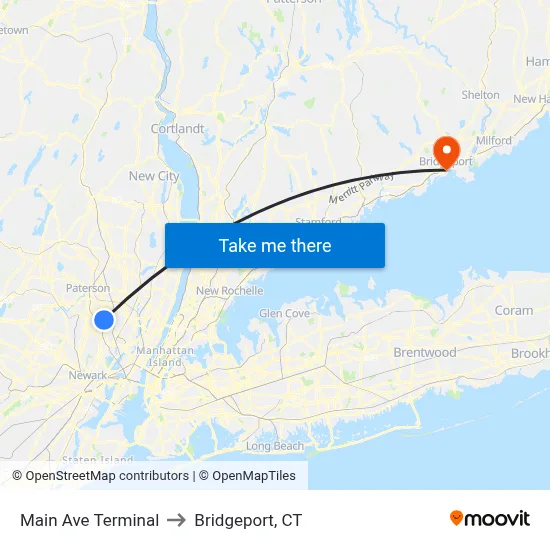 Main Ave Terminal to Bridgeport, CT map