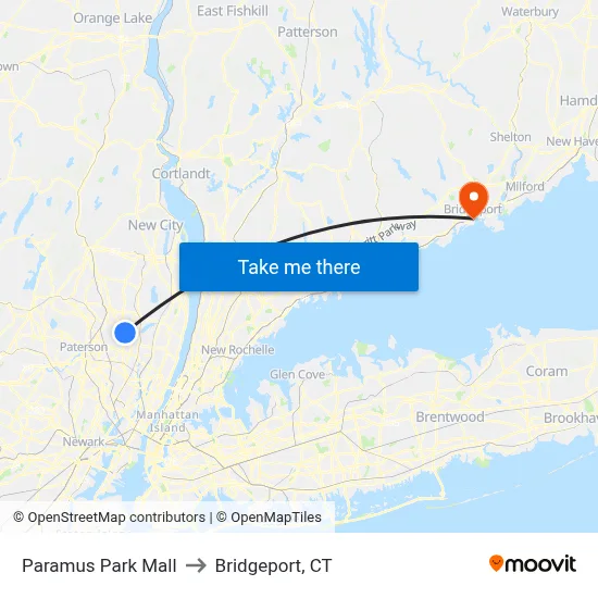 Paramus Park Mall to Bridgeport, CT map