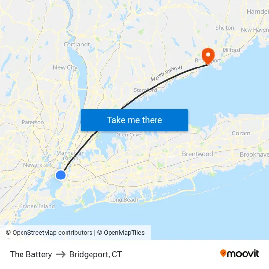 The Battery to Bridgeport, CT map