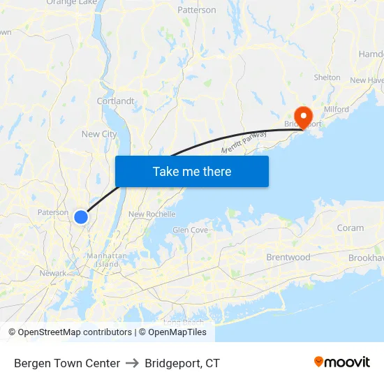 Bergen Town Center to Bridgeport, CT map