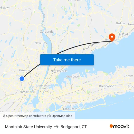 Montclair State University to Bridgeport, CT map