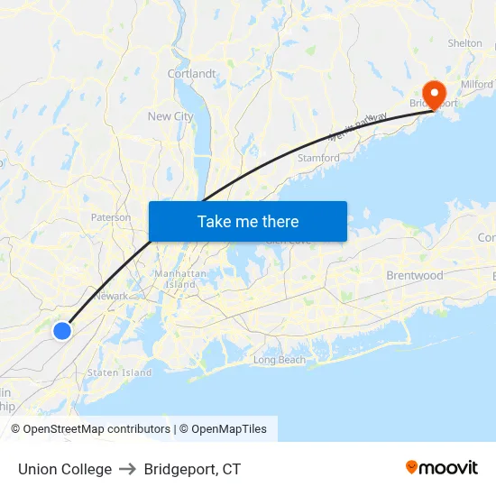 Union College to Bridgeport, CT map