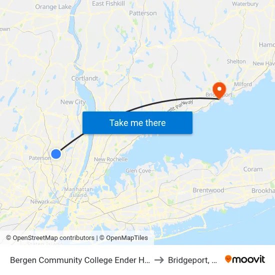 Bergen Community College Ender Hall to Bridgeport, CT map