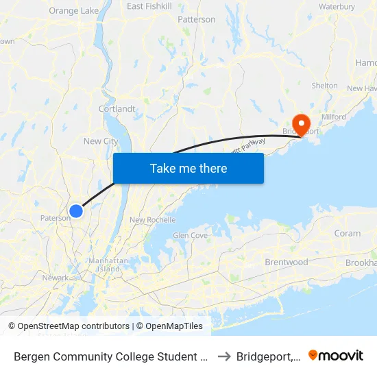 Bergen Community College Student Center to Bridgeport, CT map