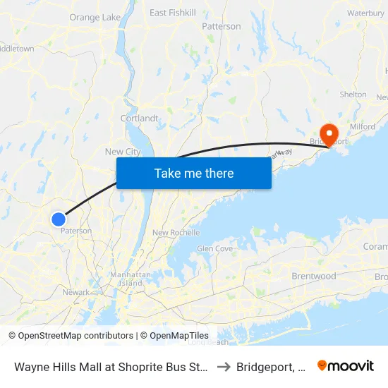 Wayne Hills Mall at Shoprite Bus Stop to Bridgeport, CT map
