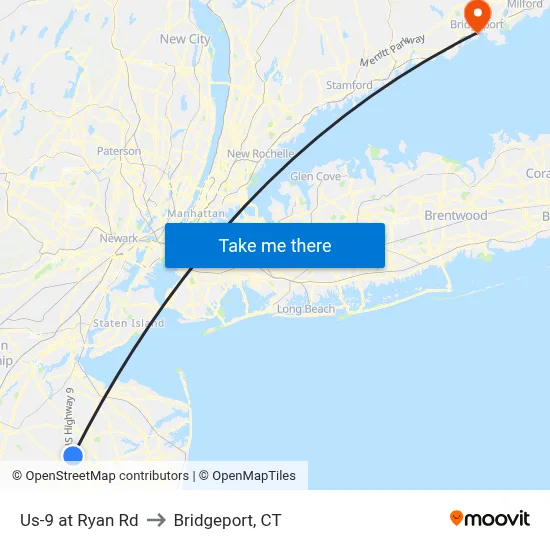 Us-9 at Ryan Rd to Bridgeport, CT map