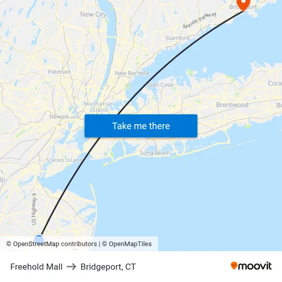 Freehold Mall to Bridgeport, CT map