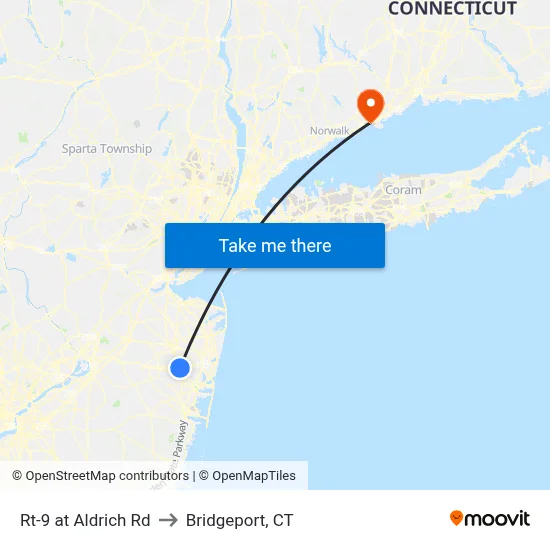 Rt-9 at Aldrich Rd to Bridgeport, CT map