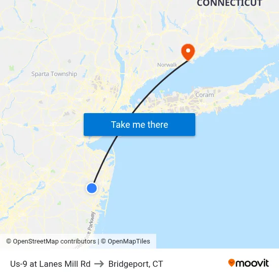 Us-9 at Lanes Mill Rd to Bridgeport, CT map