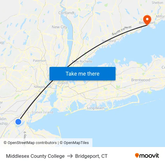 Middlesex County College to Bridgeport, CT map
