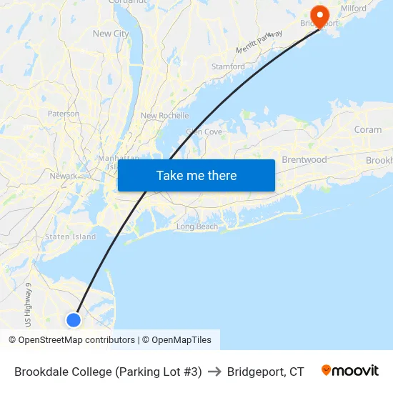 Brookdale College (Parking Lot #3) to Bridgeport, CT map
