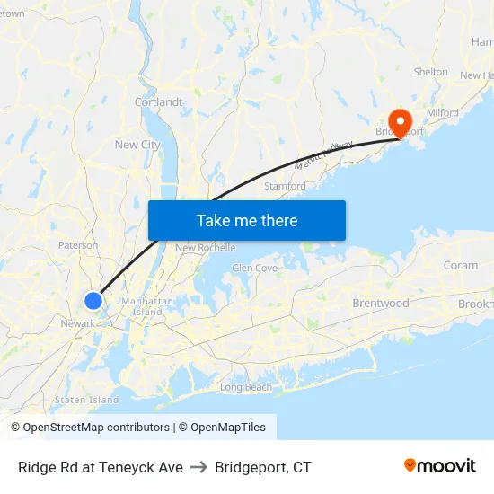 Ridge Rd at Teneyck Ave to Bridgeport, CT map
