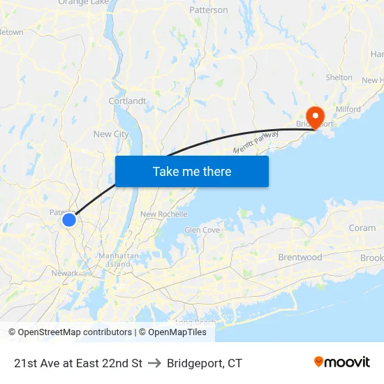 21st Ave at East 22nd St to Bridgeport, CT map