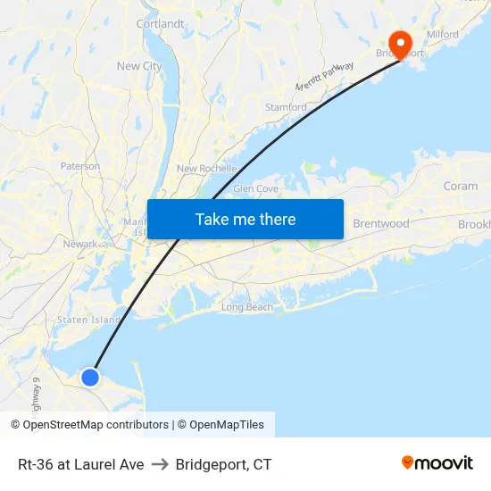 Rt-36 at Laurel Ave to Bridgeport, CT map