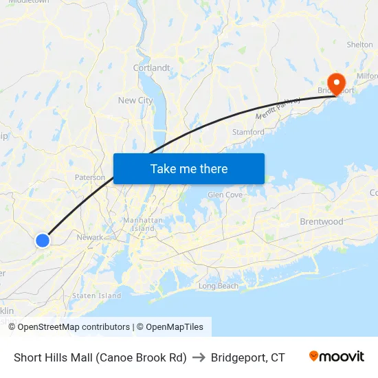 Short Hills Mall (Canoe Brook Rd) to Bridgeport, CT map