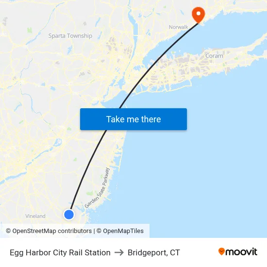 Egg Harbor City Rail Station to Bridgeport, CT map