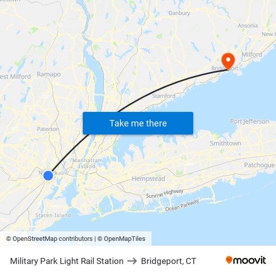 Military Park Light Rail Station to Bridgeport, CT map