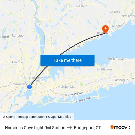 Harsimus Cove Light Rail Station to Bridgeport, CT map