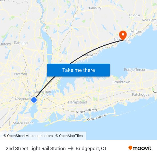 2nd Street Light Rail Station to Bridgeport, CT map