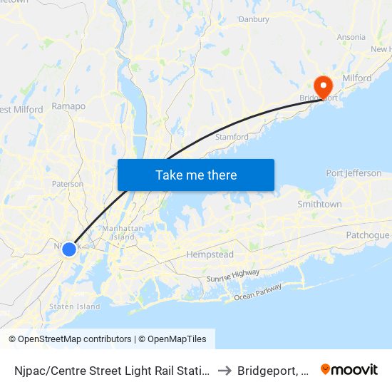 Njpac/Centre Street Light Rail Station to Bridgeport, CT map