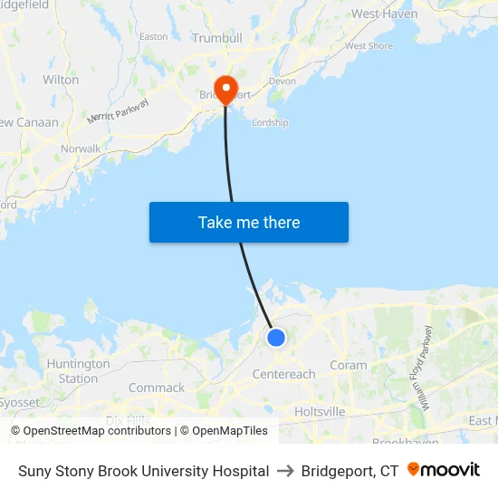 Suny Stony Brook University Hospital to Bridgeport, CT map