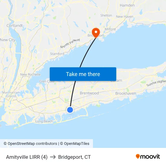Amityville LIRR (4) to Bridgeport, CT map