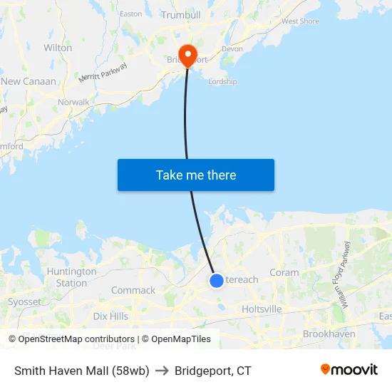 Smith Haven Mall (58wb) to Bridgeport, CT map
