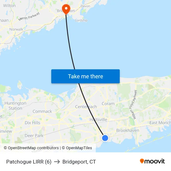 Patchogue LIRR (6) to Bridgeport, CT map