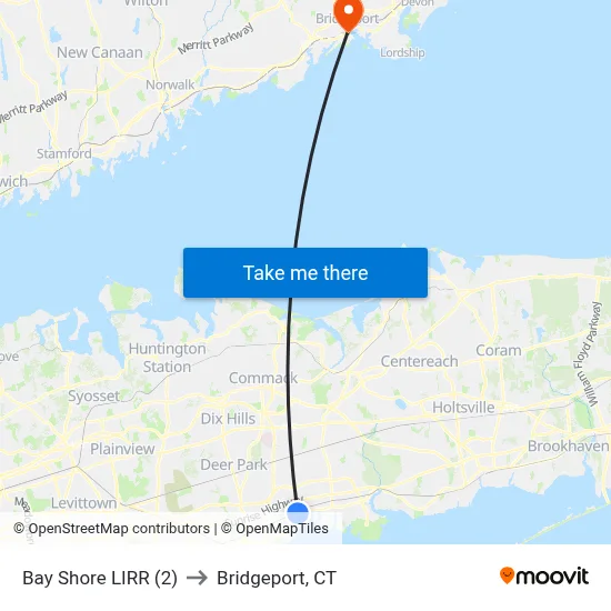 Bay Shore LIRR (2) to Bridgeport, CT map