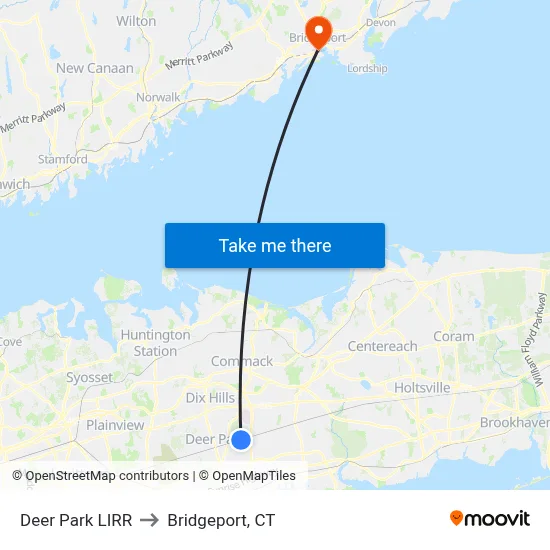 Deer Park LIRR to Bridgeport, CT map