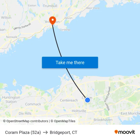 Coram Plaza (52a) to Bridgeport, CT map