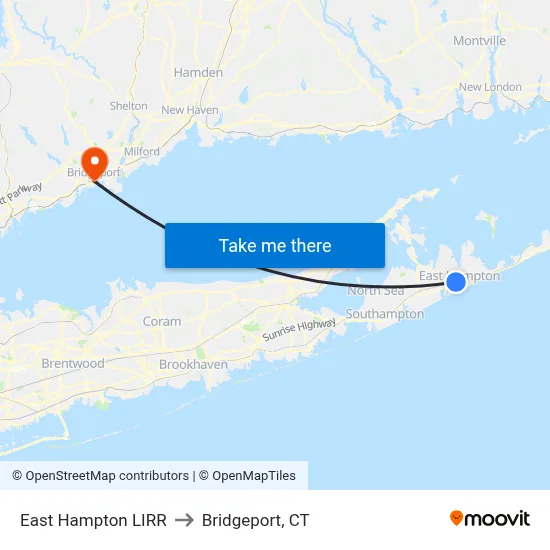 East Hampton LIRR to Bridgeport, CT map