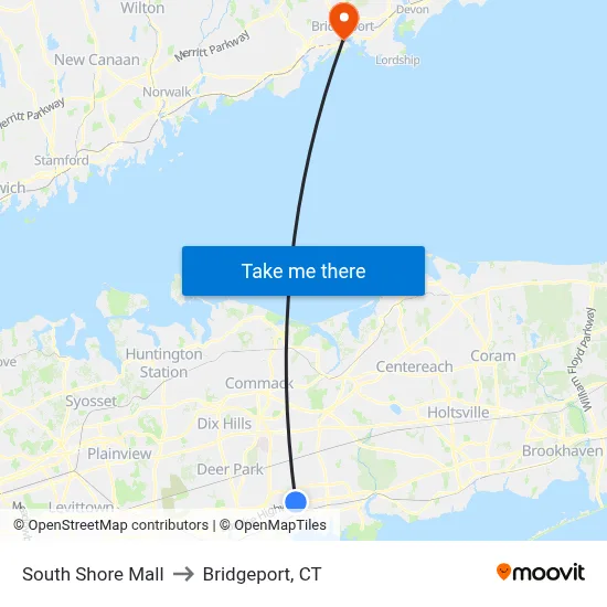 South Shore Mall to Bridgeport, CT map