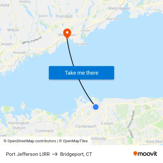 Port Jefferson LIRR to Bridgeport, CT map