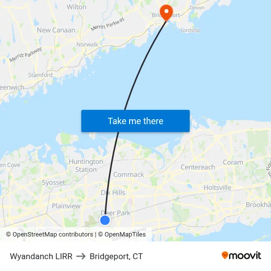 Wyandanch LIRR to Bridgeport, CT map