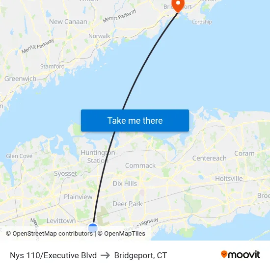 Nys 110/Executive Blvd to Bridgeport, CT map