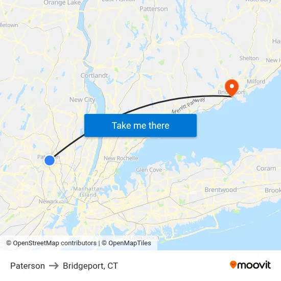Paterson to Bridgeport, CT map