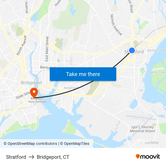 Stratford to Bridgeport, CT map