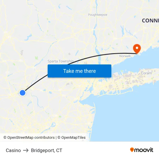Casino to Bridgeport, CT map