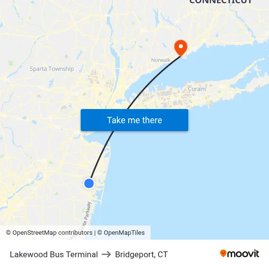 Lakewood Bus Terminal to Bridgeport, CT map