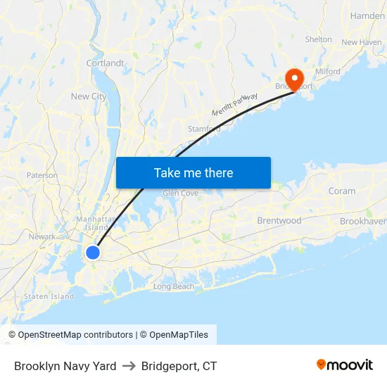 Brooklyn Navy Yard to Bridgeport, CT map