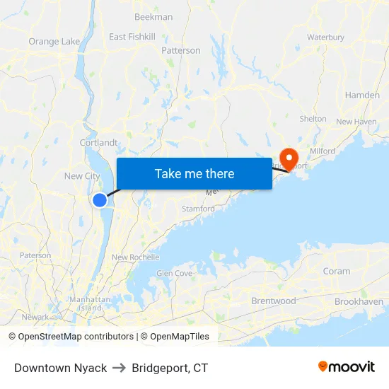 Downtown Nyack to Bridgeport, CT map