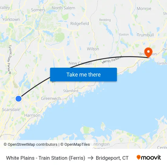 White Plains - Train Station (Ferris) to Bridgeport, CT map