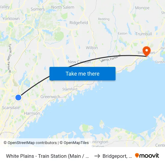 White Plains - Train Station (Main / Bank) to Bridgeport, CT map