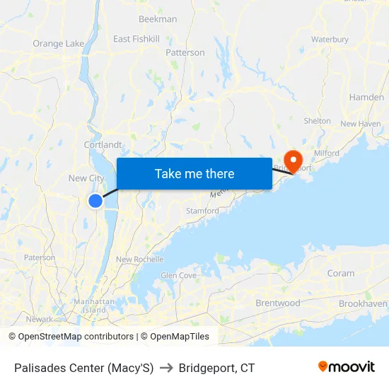 Palisades Center (Macy'S) to Bridgeport, CT map