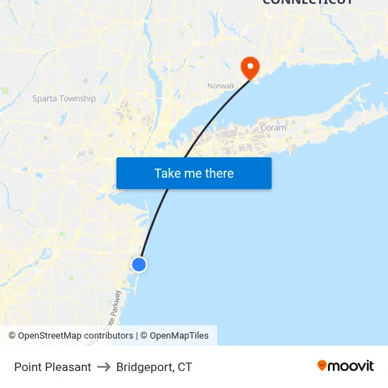 Point Pleasant to Bridgeport, CT map