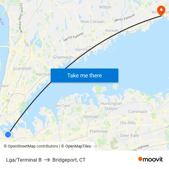 Lga/Terminal B to Bridgeport, CT map